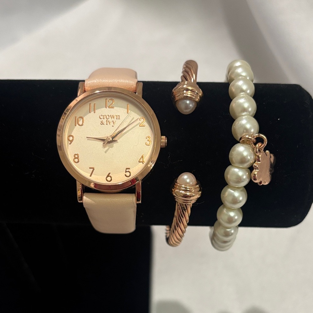 Crown & Ivy Rose Gold Watch with Cream Band and Pearl Accents